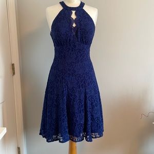 Halter dress. Blue A-line knee length